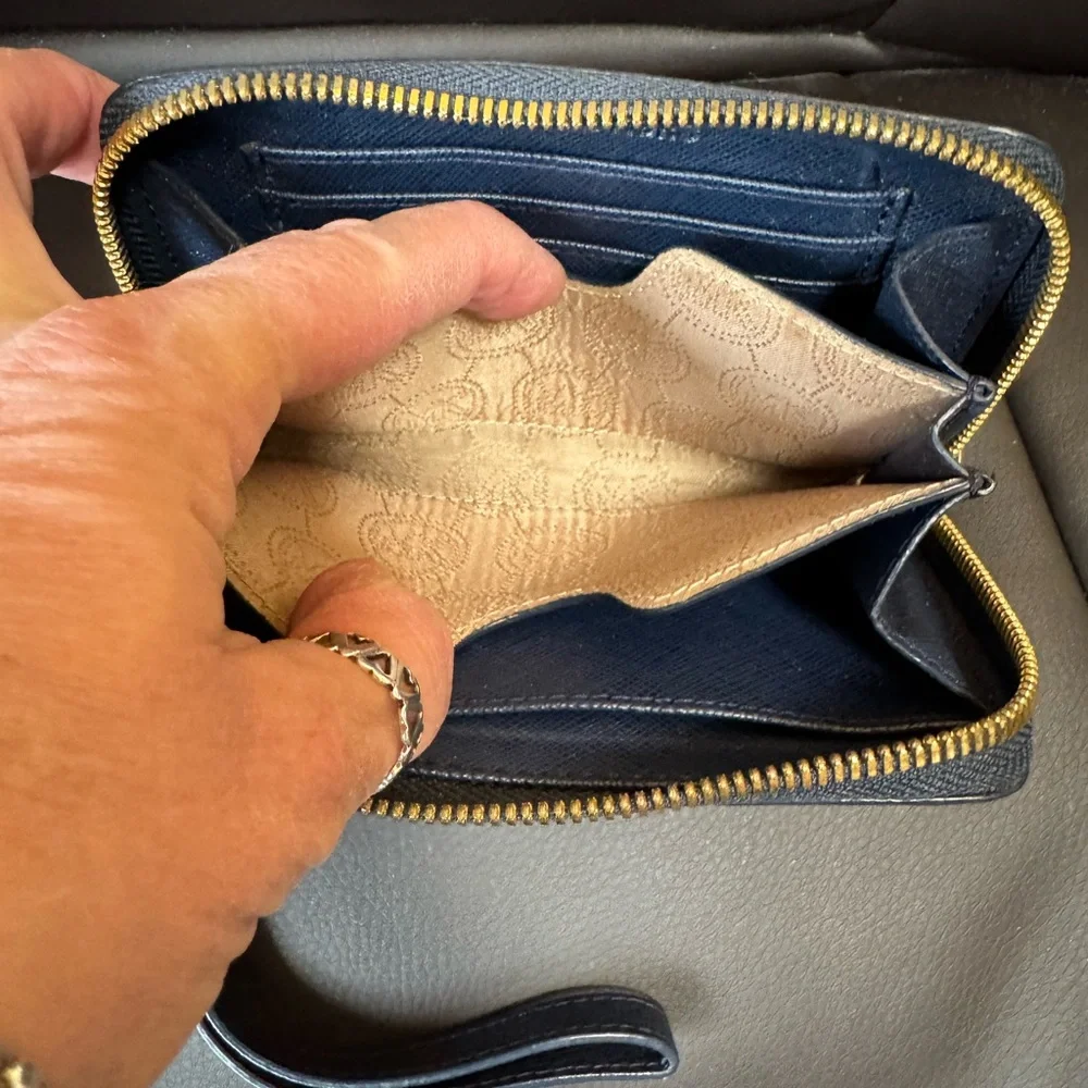 Michael Kors Blue/White Leather Striped Zip Around Wallet